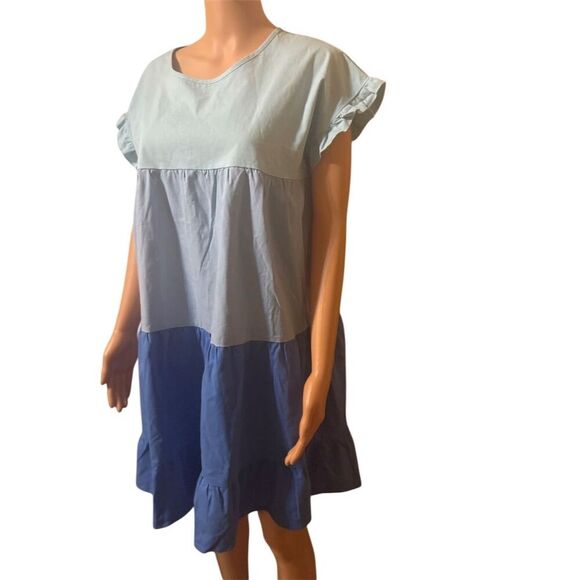 Simply Southern Women's Standard L Blue Tiered Color Block Knee Length Dress - Picture 7 of 13